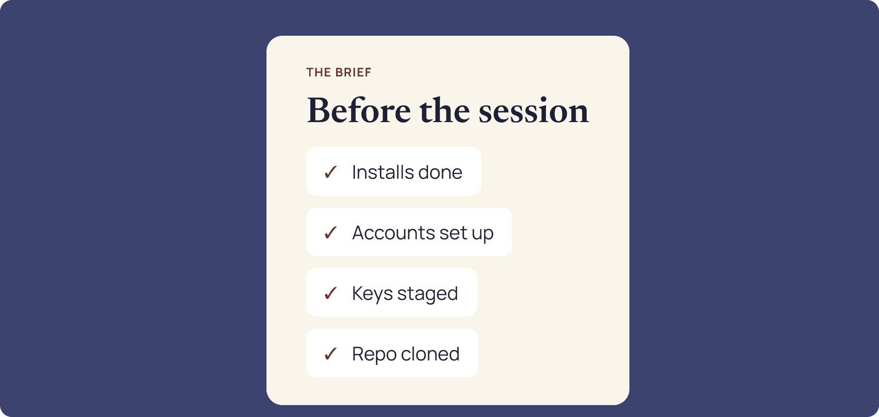 A brief sent before each session so the time is spent building.